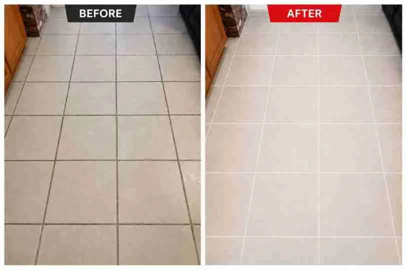 Before and after grout cleaning on a ceramic kitchen tile floor in Miami Central West, FL Before and after grout cleaning on a ceramic kitchen tile floor in Miami Central West, FL