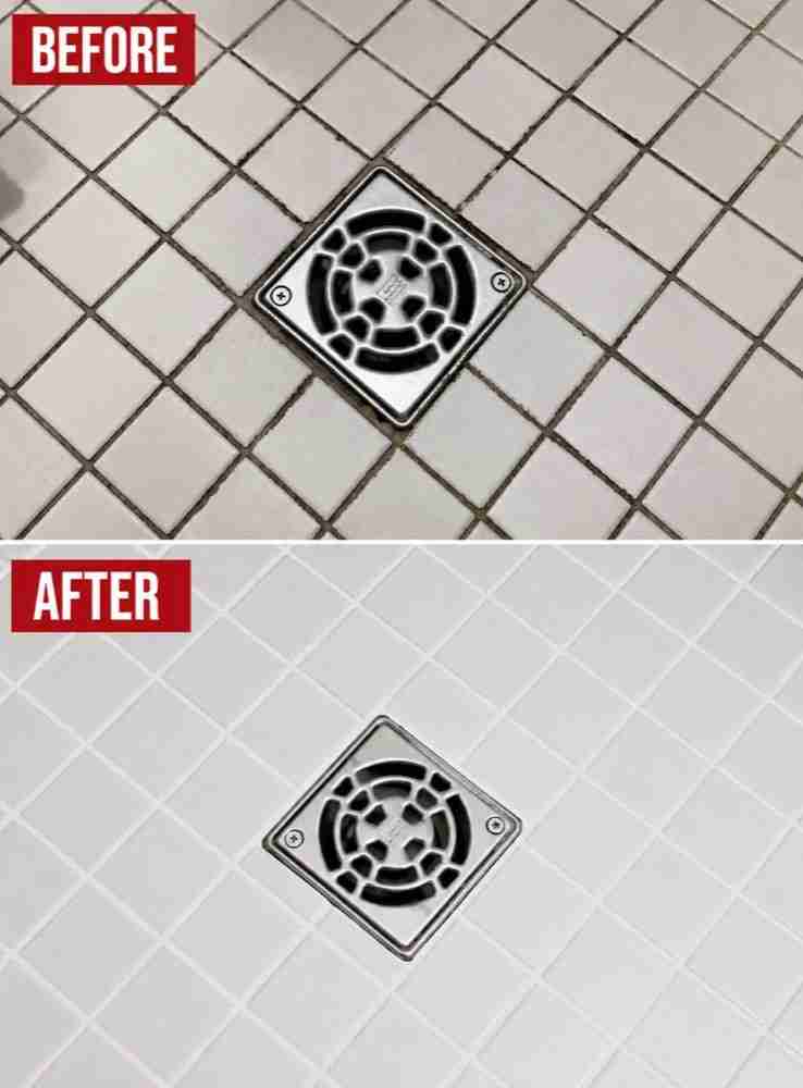 Before and after grout cleaning, recoloring and color sealing on a tiled surface in Cleveland, Ohio