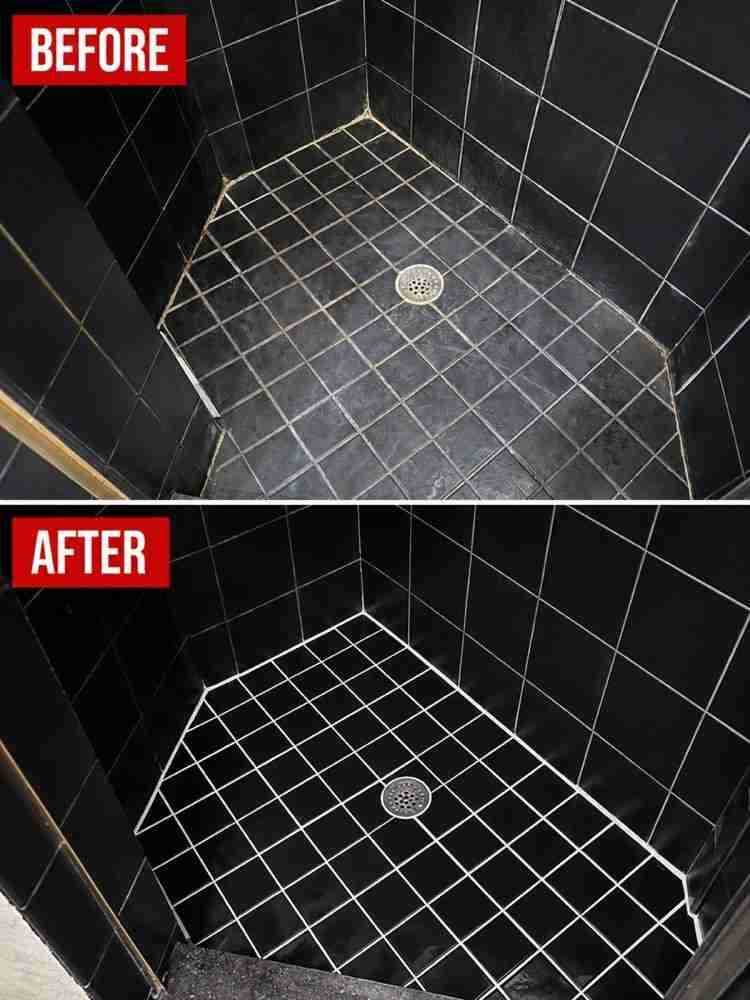 Before and after professional cleaning and sealing of a tiled shower floor in Cleveland, Ohio