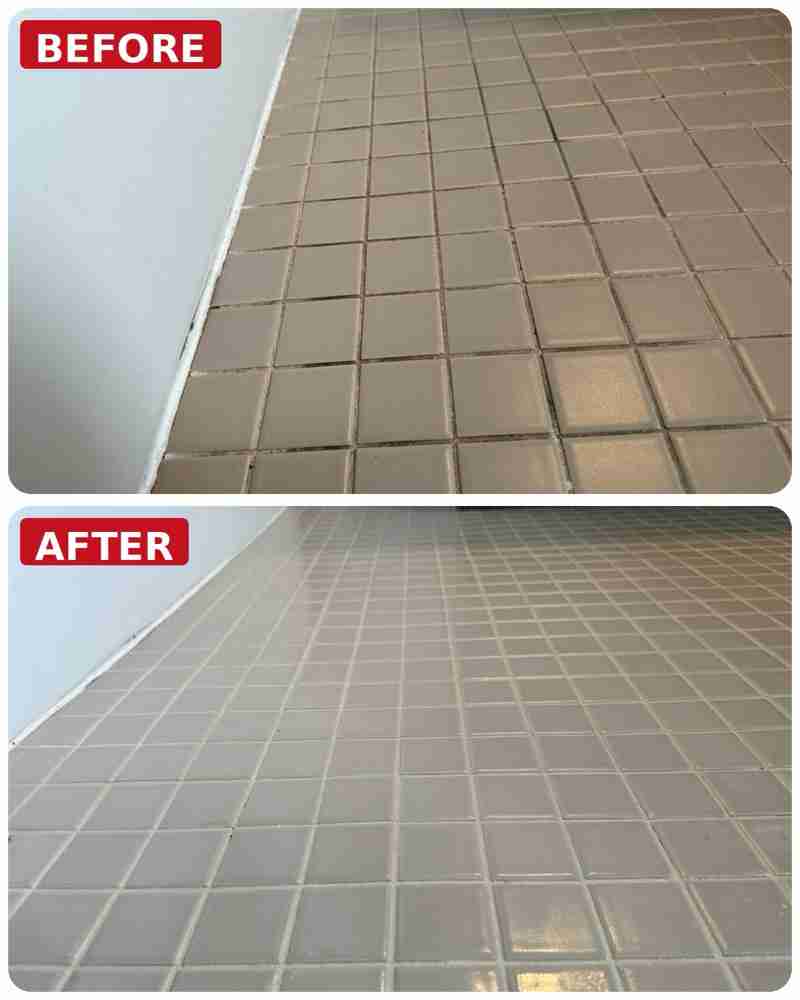Before and after photo of a tile floor cleaned and color sealed by The Grout Doctor in Greater Cleveland, Ohio