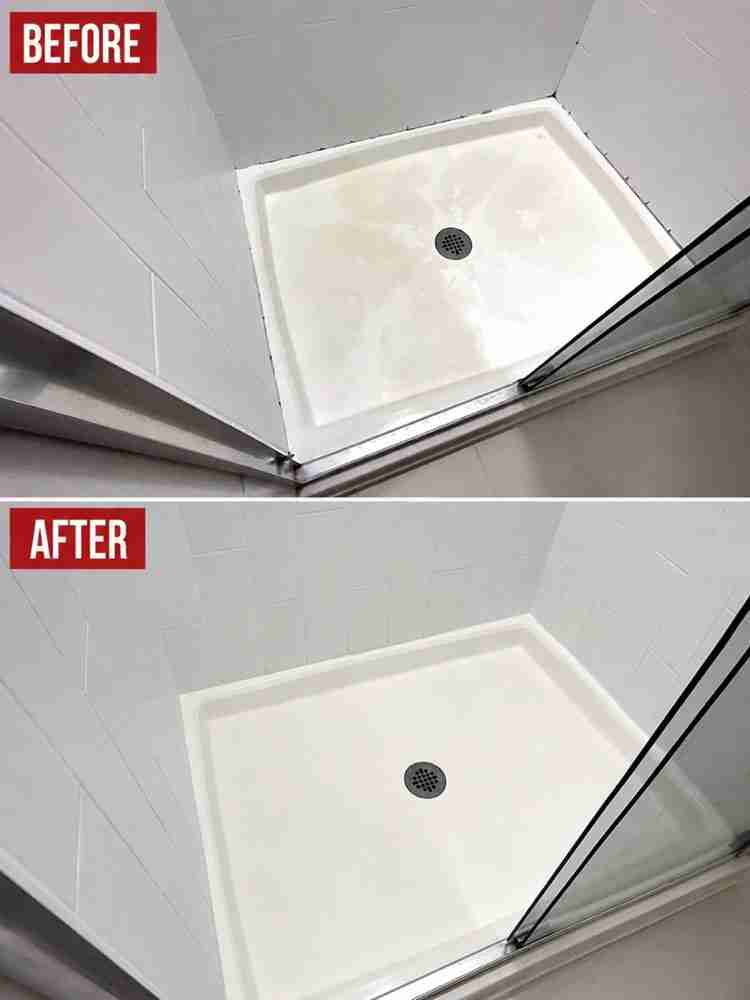 Before and after professional tile and grout cleaning of a shower floor in Cleveland, Ohio