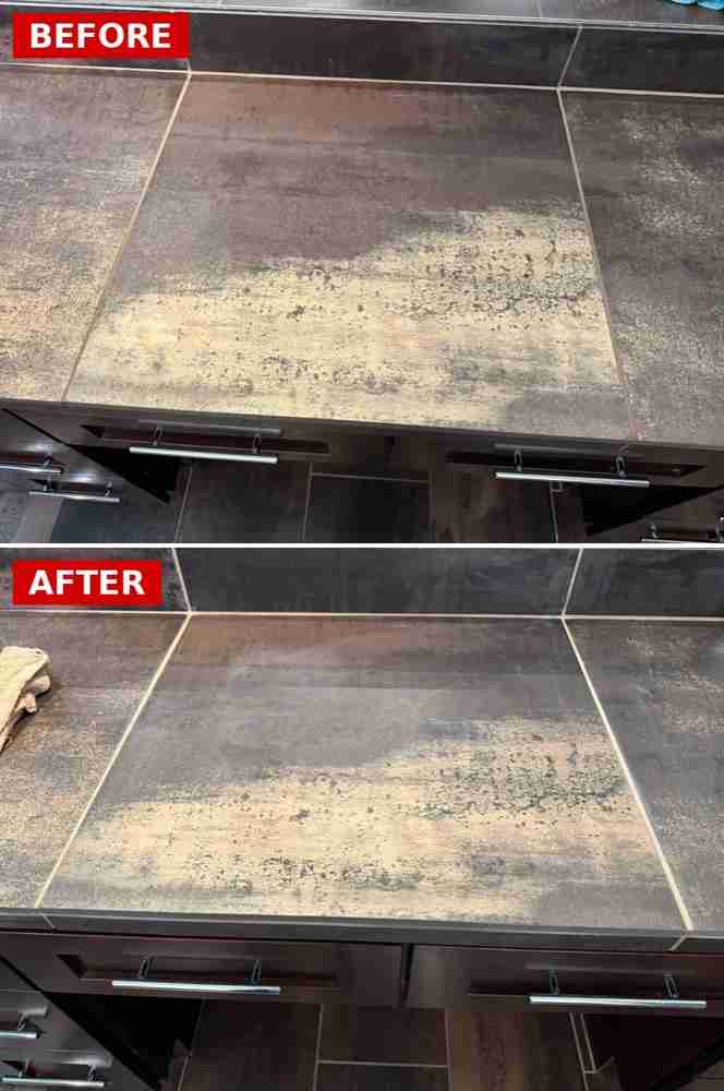 Before and after photo of a tiled countertop professionally cleaned by The Grout Doctor in Cleveland, Ohio