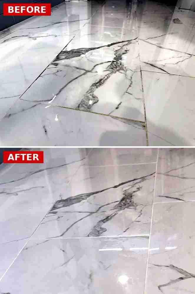 Before and after professional restoration of a marble tile floor in Cleveland, Ohio