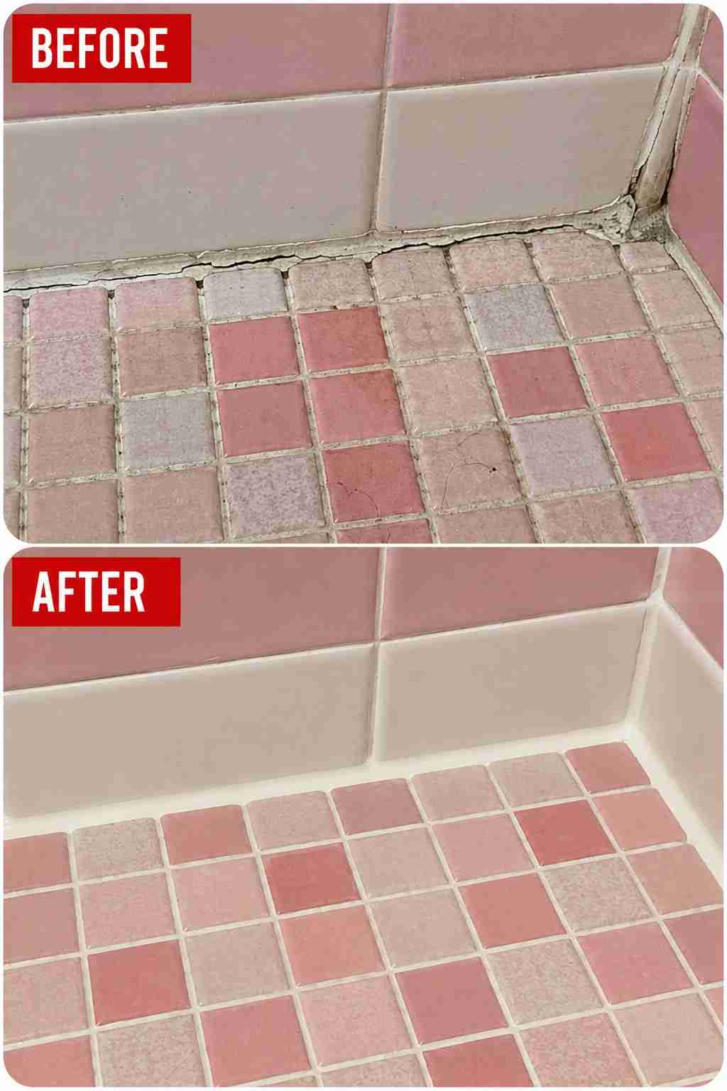 Before and after photo of a pink mosaic tile bathroom floor cleaned, regrouted and recaulked by The Grout Doctor in Cleveland, Ohio