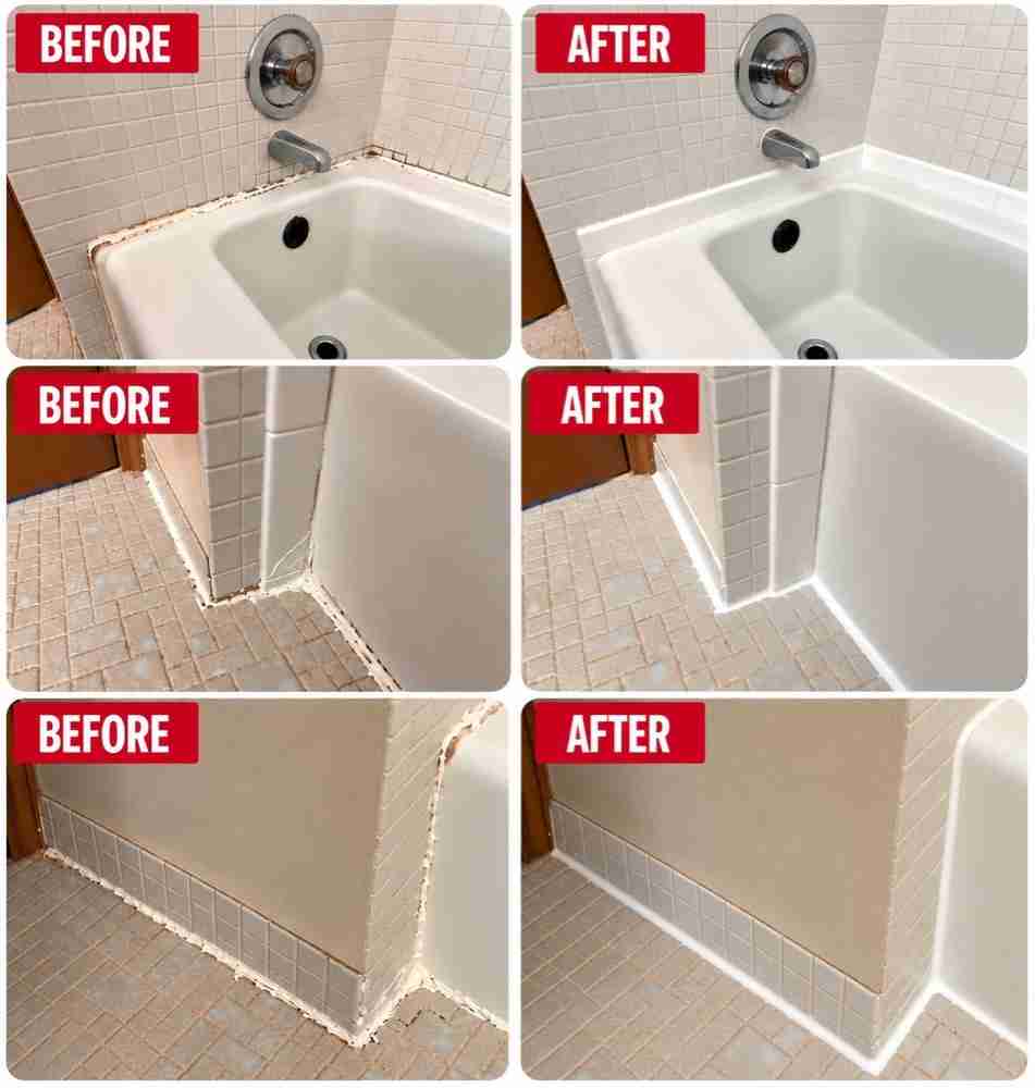 Before and after photo of failed bathtub caulk removed and replaced by The Grout Doctor in Greater Cleveland, Ohio